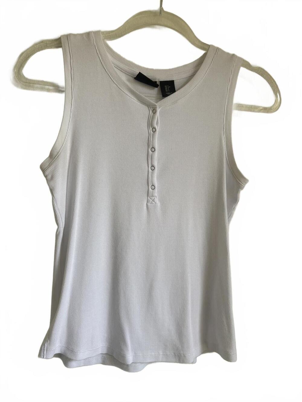 Rachel‎ Zoe | White Ribbed Pima Cotton Sleeveless Silver Snap Tank Top Size S